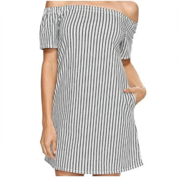 AG Denim Navy & Cream Off-the-Shoulder Mini Dress, Size XS - Picture 3 of 8